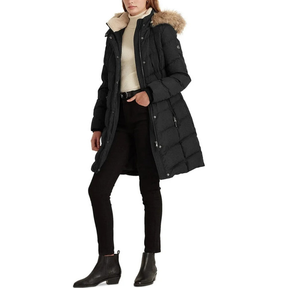 Lauren Ralph Lauren Faux-Fur-Trim Hooded Black Winter Puffer Coat Size Small - Picture 5 of 12